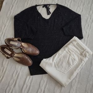 LOFT Black and Sparkle Dolman Sleeve Short Sleeved Sweater with Tie Accent Sz. S